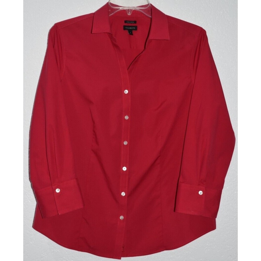 Talbots 8 Wrinkle Resistant Blouse Stretch Button Up‎ Shirt RED Top Long Sleeve